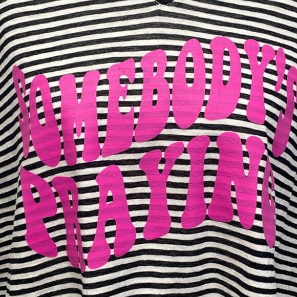 Hand Printed Upcycled Womens Small Somebody's Praying Striped Hi Low Blouse Top - Picture 2 of 5